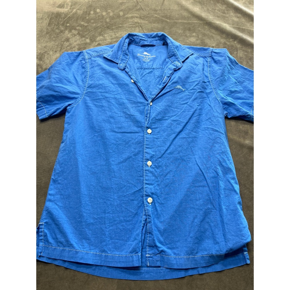Tommy Bahama Mens Blue Short‎ Sleeve Button Up Shirt Marlin Logo Small S/P